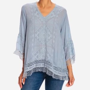 (NWT) Johnny Was Blue Renee Crochet Lace Embroidered Top, Size Small